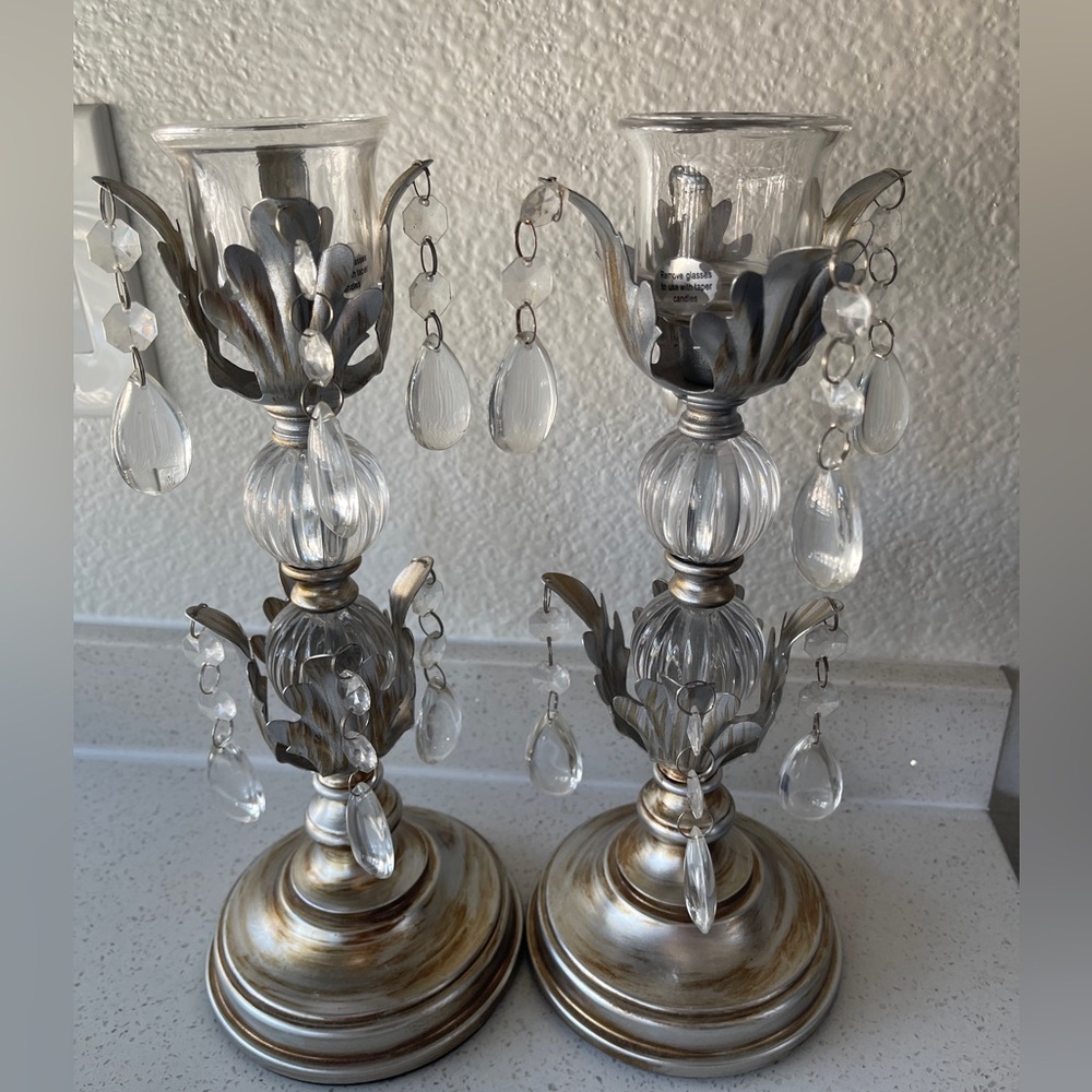 Glam Crystal Candle Holders Set of 2 – 12” Silver & Glass - Picture 3 of 3